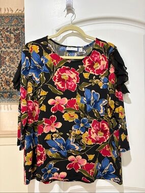 Susan Graver Black Floral Blouse with Pink, Blue & Yellow Flowers